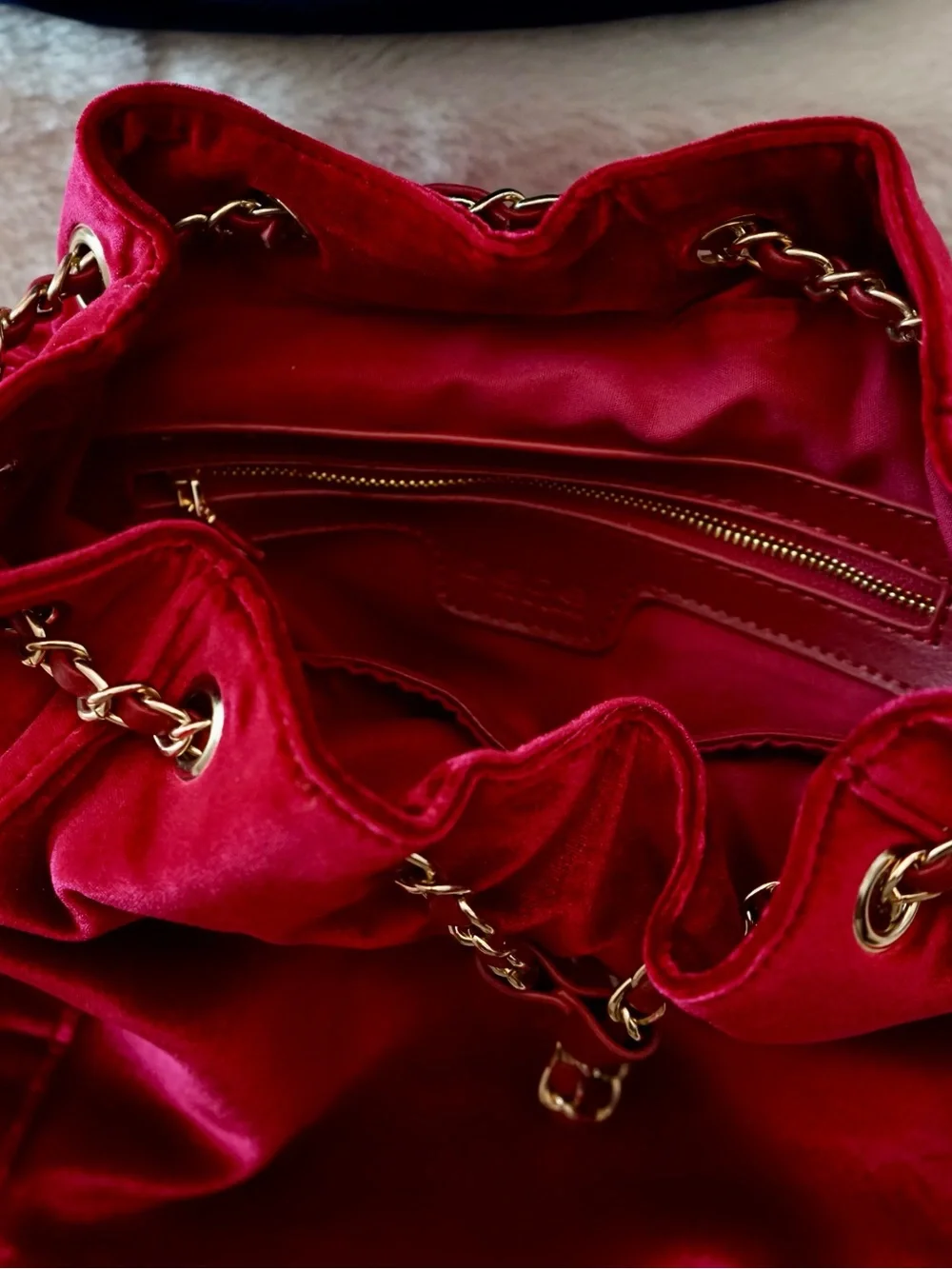 ⁠NWT Bebe Los Angeles Wine Red Velour Mini Backpack Gold Chain Detail Purse